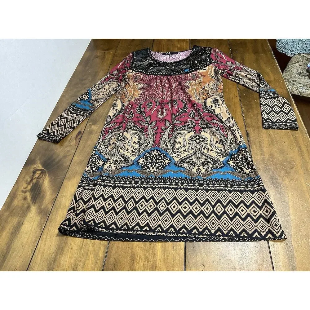 Calessa Dress Womens Medium Red Floral Shift Long Sleeve Casual Beaded